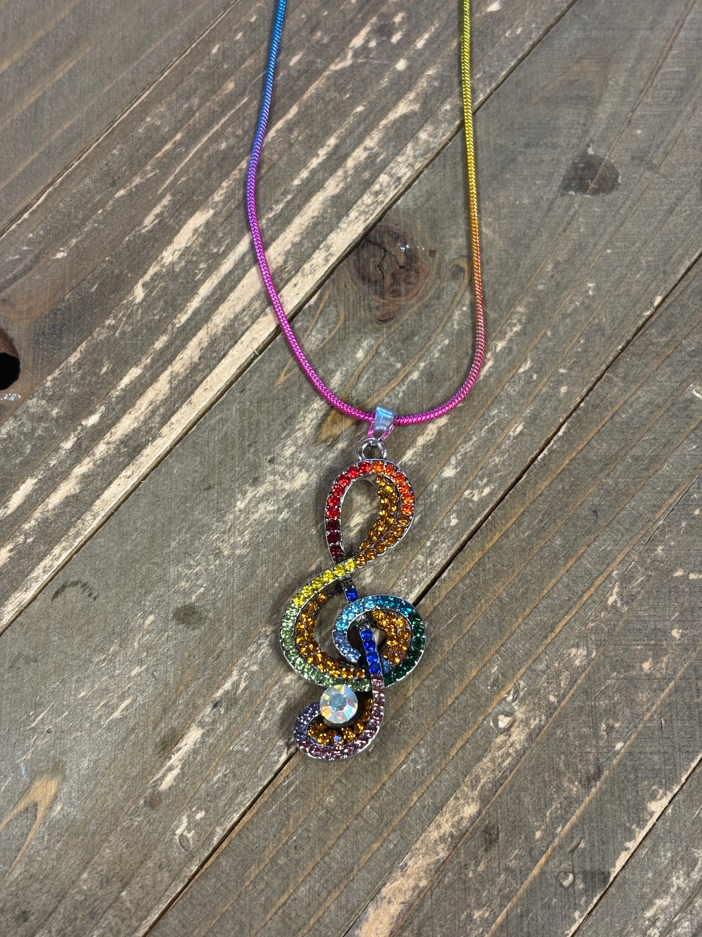 Rainbow Treble Clef Rhinestone Necklace – Colorful Music Lover’s Pendant