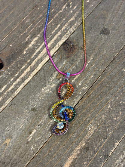 Rainbow Treble Clef Rhinestone Necklace – Colorful Music Lover’s Pendant