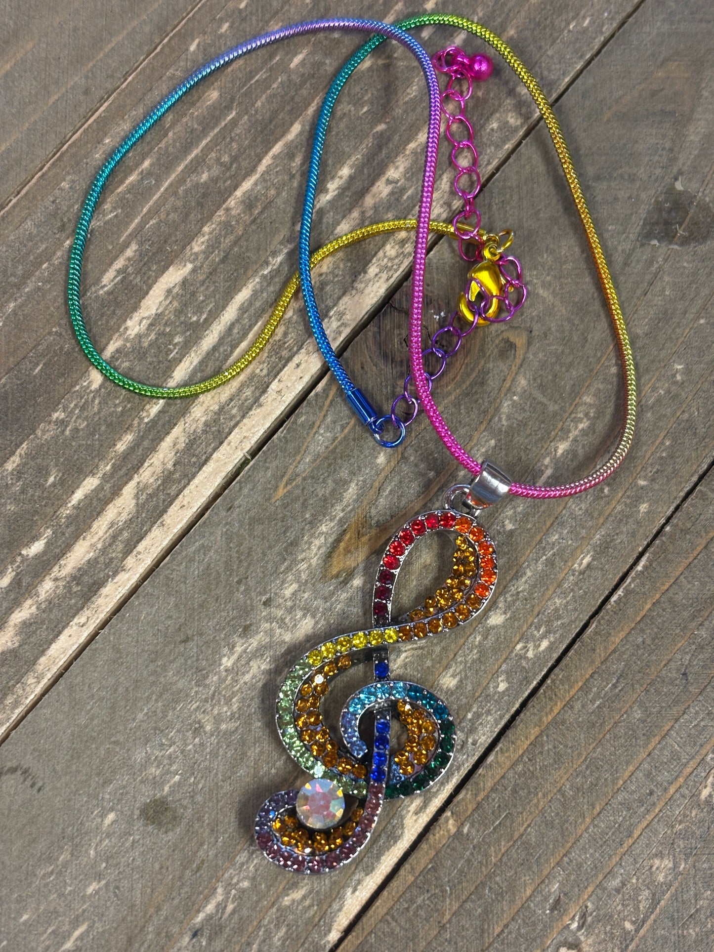 Rainbow Treble Clef Rhinestone Necklace – Colorful Music Lover’s Pendant