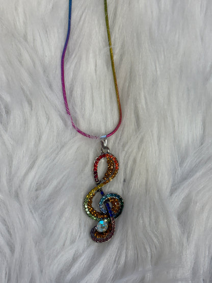 Rainbow Treble Clef Rhinestone Necklace – Colorful Music Lover’s Pendant