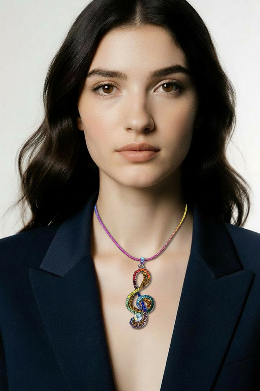 Rainbow Treble Clef Rhinestone Necklace – Colorful Music Lover’s Pendant