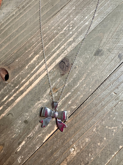 Silver Puff Bow Necklace – Cute Polished Bow Pendant on 16" Silver-Plated Chain