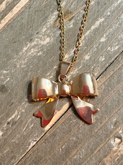 Golden Puff Bow Necklace – Cute Polished Bow Pendant on 16" Gold-Plated Chain