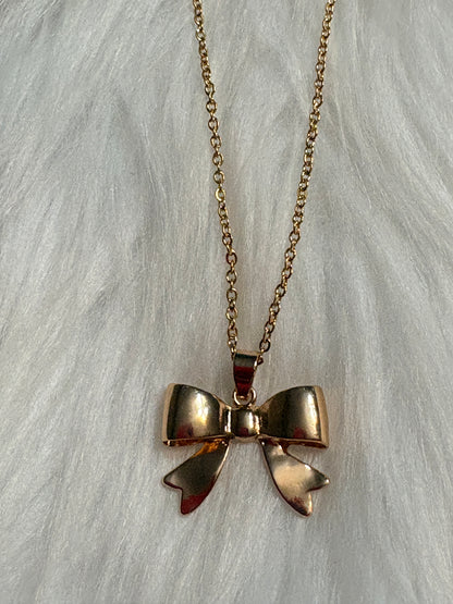 Golden Puff Bow Necklace – Cute Polished Bow Pendant on 16" Gold-Plated Chain