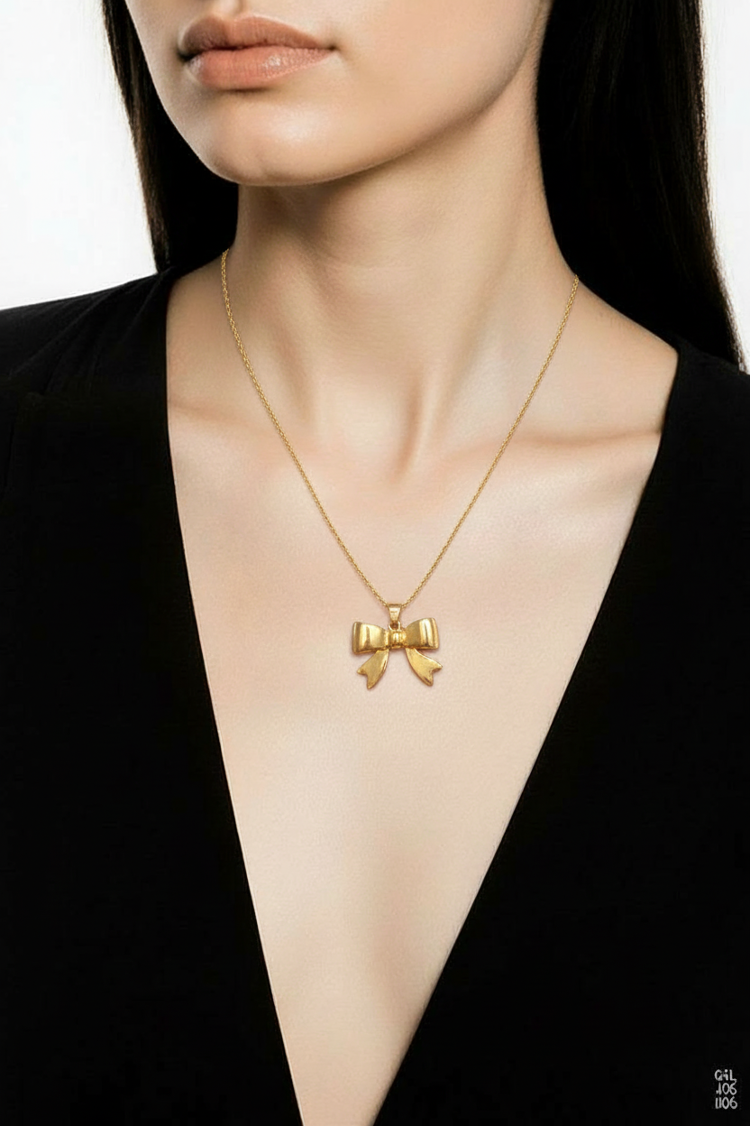 Golden Puff Bow Necklace – Cute Polished Bow Pendant on 16" Gold-Plated Chain