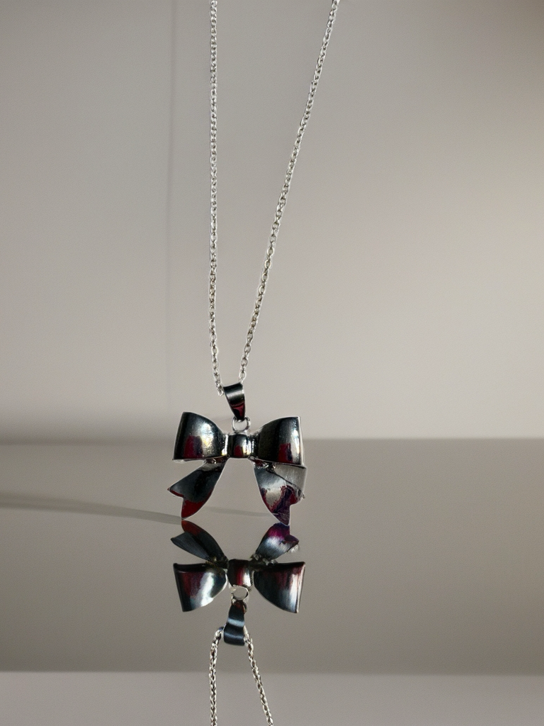 Silver Puff Bow Necklace – Cute Polished Bow Pendant on 16" Silver-Plated Chain