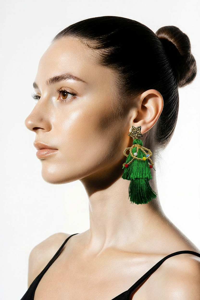 Beaded Christmas Tree Tassel Earrings – Handmade Seed Bead Fringe Holiday Dangles