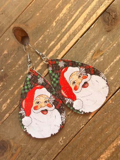 Hand-Painted Santa Teardrop Earrings – Vintage Christmas Leather Dangles