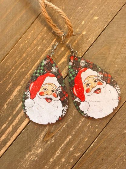 Hand-Painted Santa Teardrop Earrings – Vintage Christmas Leather Dangles