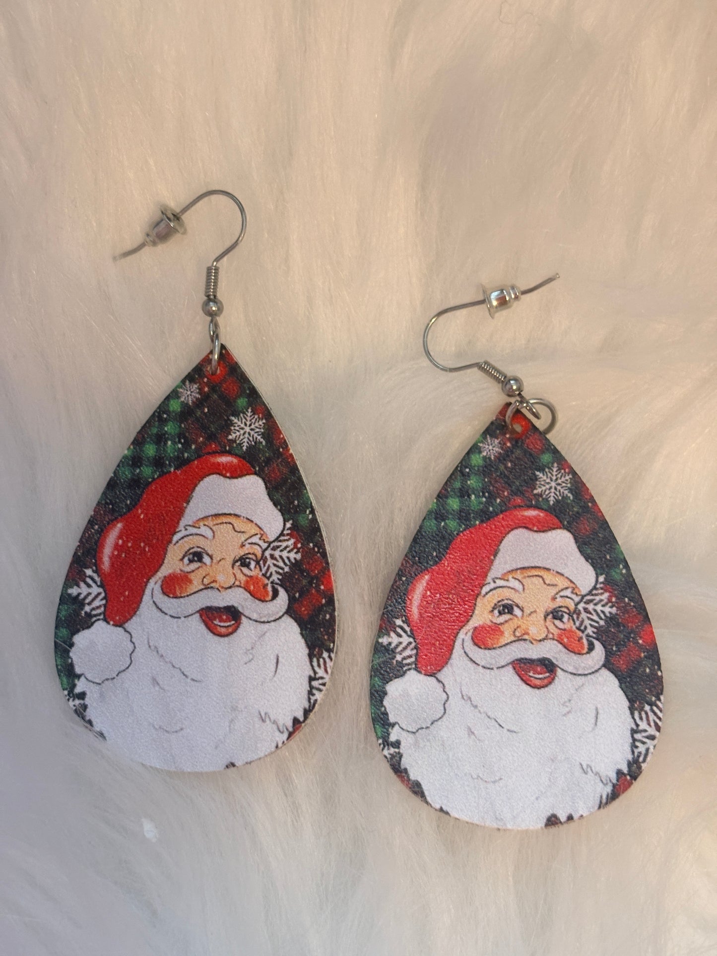 Hand-Painted Santa Teardrop Earrings – Vintage Christmas Leather Dangles
