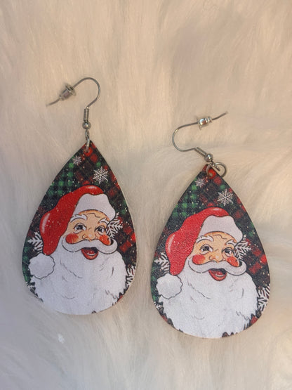 Hand-Painted Santa Teardrop Earrings – Vintage Christmas Leather Dangles