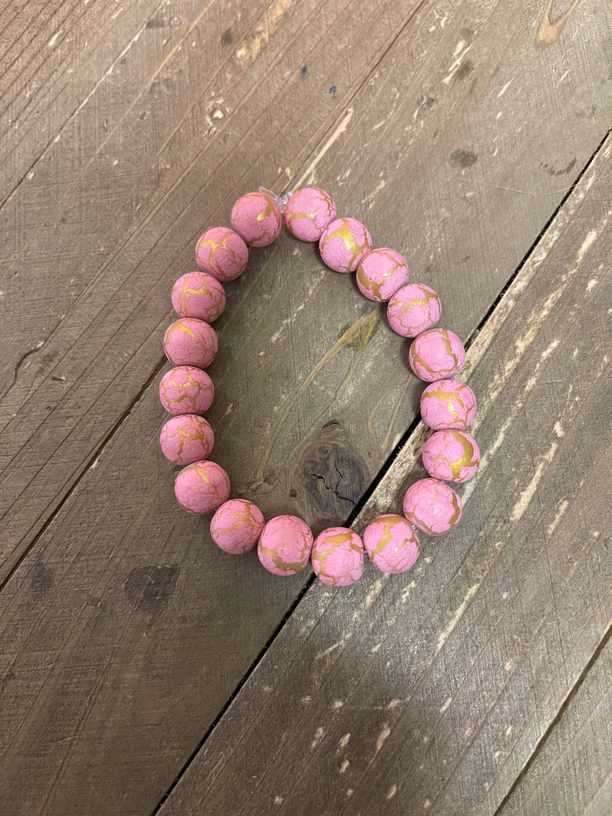 Pink&nbsp;&amp; Gold Painted Glass  Beaded Elastic/Stretch BraceletPink tiful of LOVE