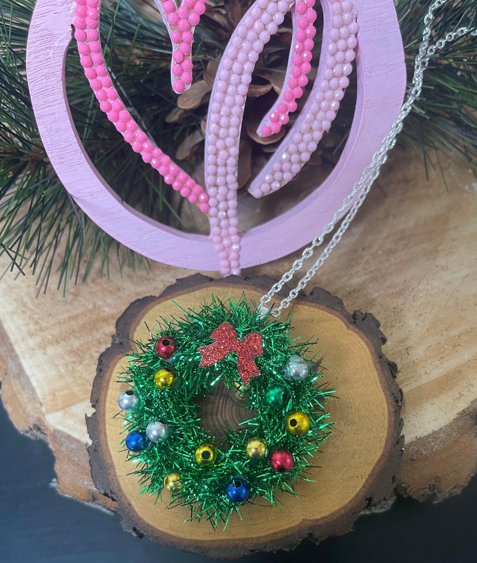 Christmas Tinsel Bell Wreath Pendant on a Silver Chain NecklacePink tiful of LOVE