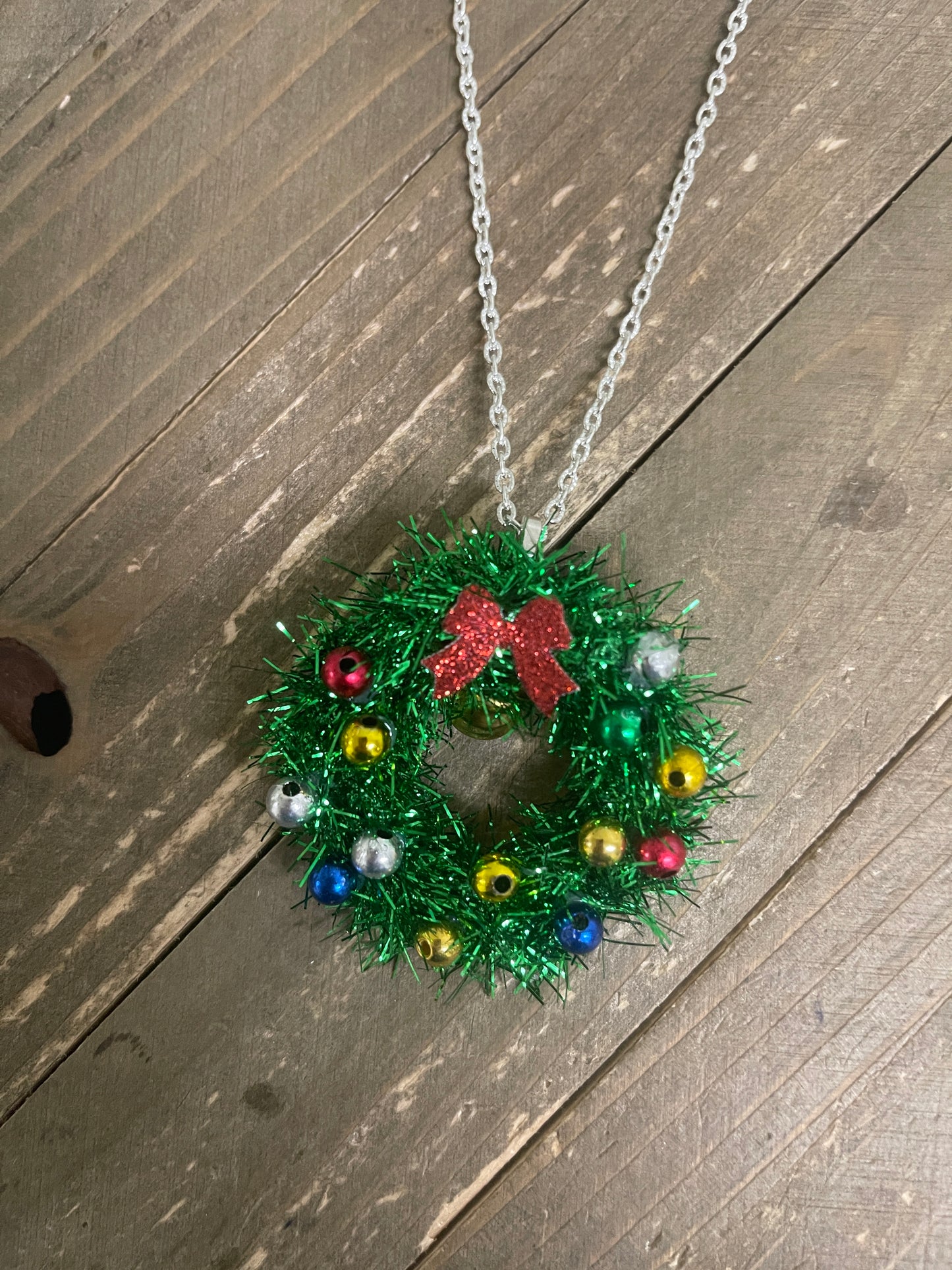 Christmas Tinsel Bell Wreath Pendant on a Silver Chain Necklace