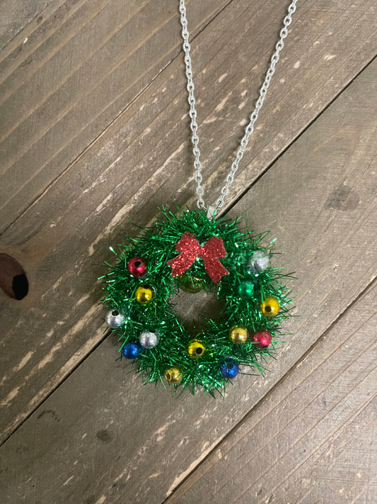 Christmas Tinsel Bell Wreath Pendant on a Silver Chain NecklacePink tiful of LOVE