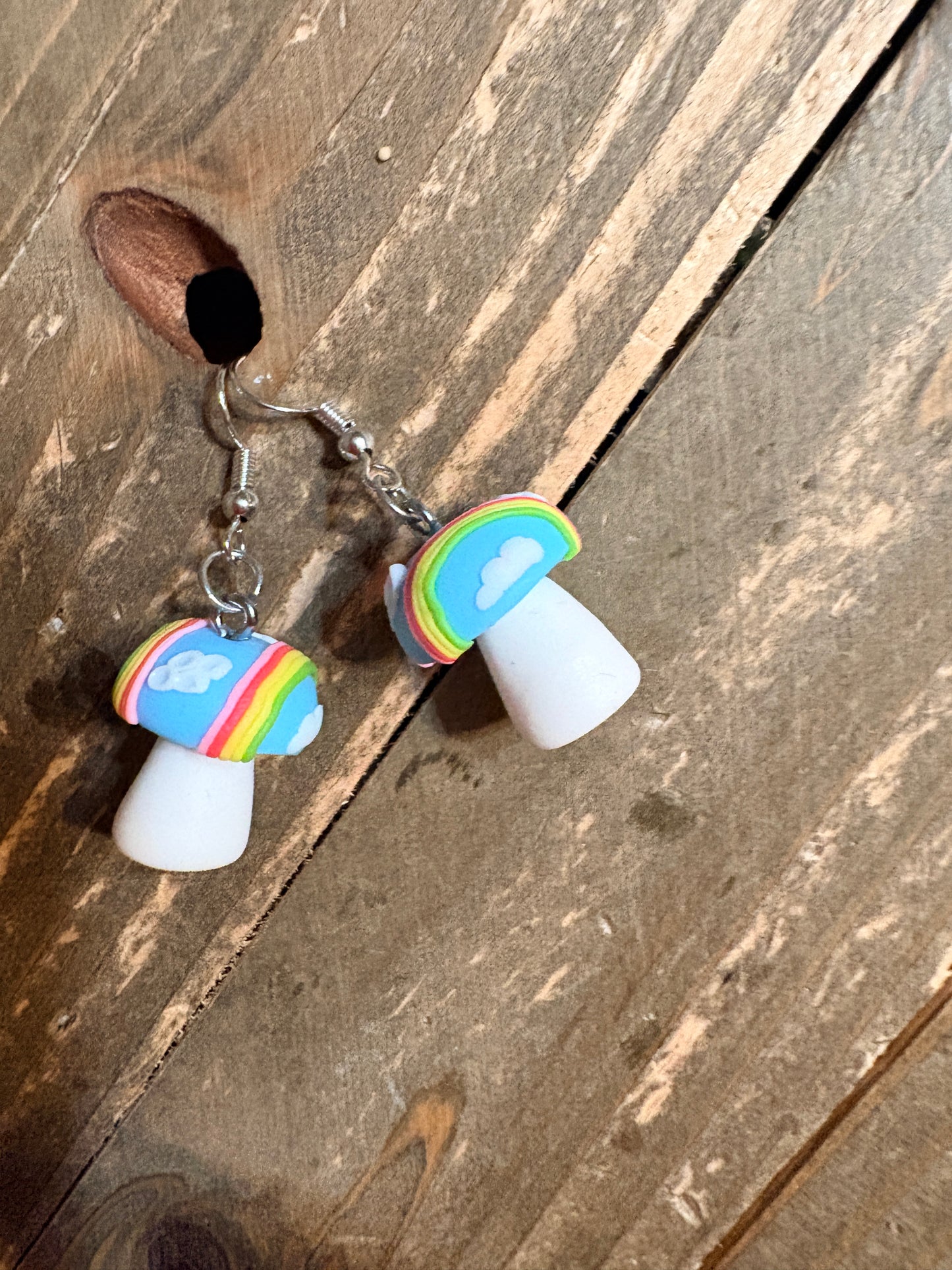 Rainbow Cloud Mushroom Earrings – Whimsical Clay Charm Dangles