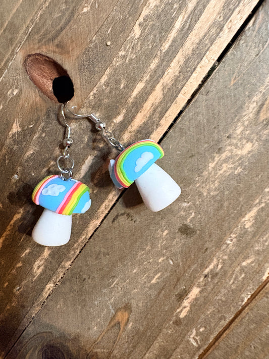 Rainbow Cloud Mushroom Earrings – Whimsical Clay Charm Dangles