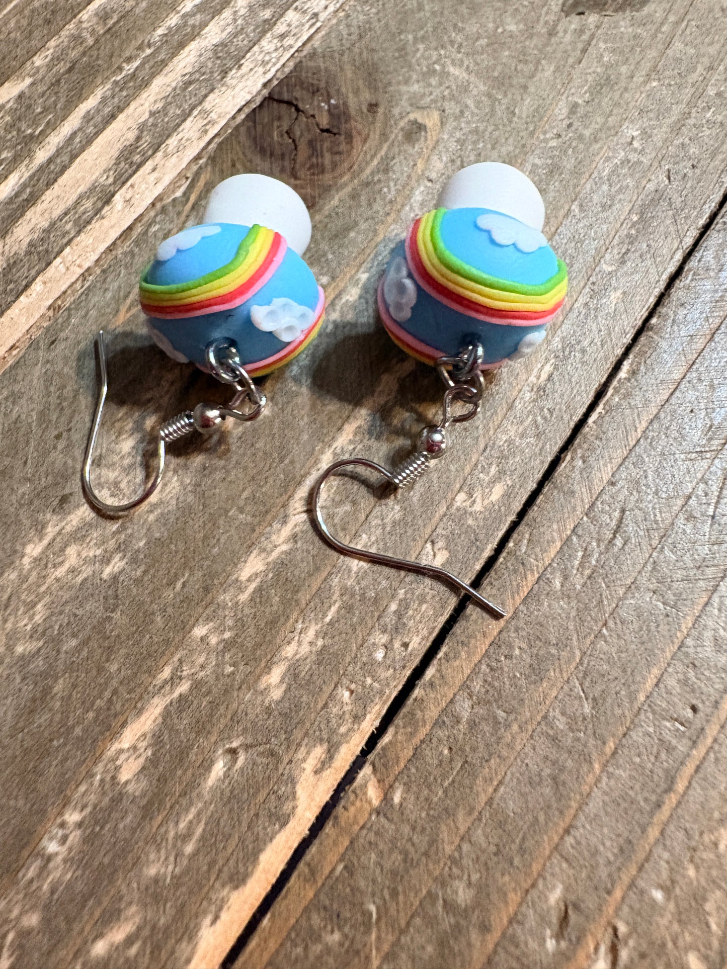 Rainbow Cloud Mushroom Earrings – Whimsical Clay Charm Dangles