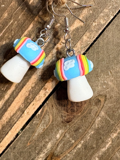 Rainbow Cloud Mushroom Earrings – Whimsical Clay Charm Dangles