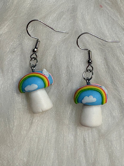 Rainbow Cloud Mushroom Earrings – Whimsical Clay Charm Dangles