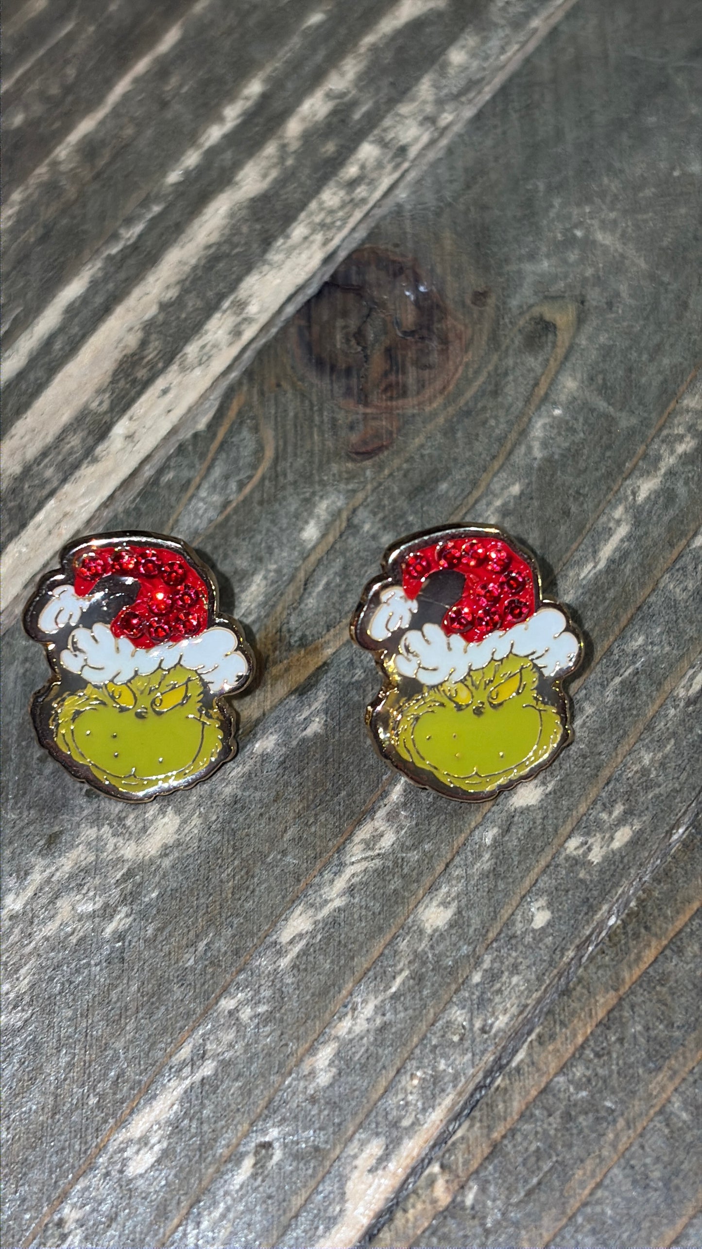 Grinch Sparkle Santa Hat Studs – Glossy Rhinestone Holiday Earrings