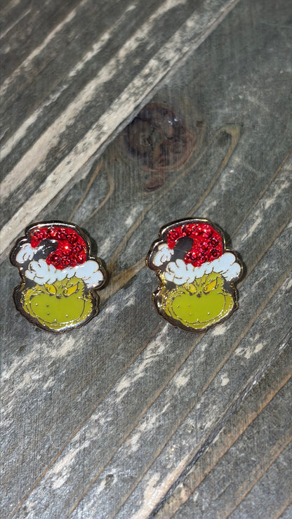 Grinch Sparkle Santa Hat Studs – Glossy Rhinestone Holiday Earrings