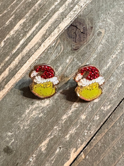 Grinch Sparkle Santa Hat Studs – Glossy Rhinestone Holiday Earrings