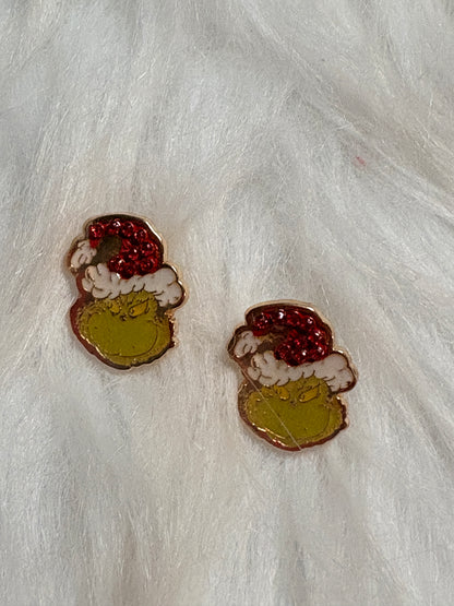 Grinch Sparkle Santa Hat Studs – Glossy Rhinestone Holiday Earrings