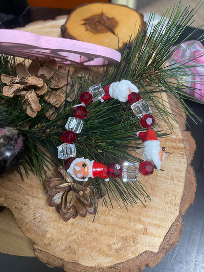 Christmas Red Santa Glass Beaded Elastic/Stretch Bracelet