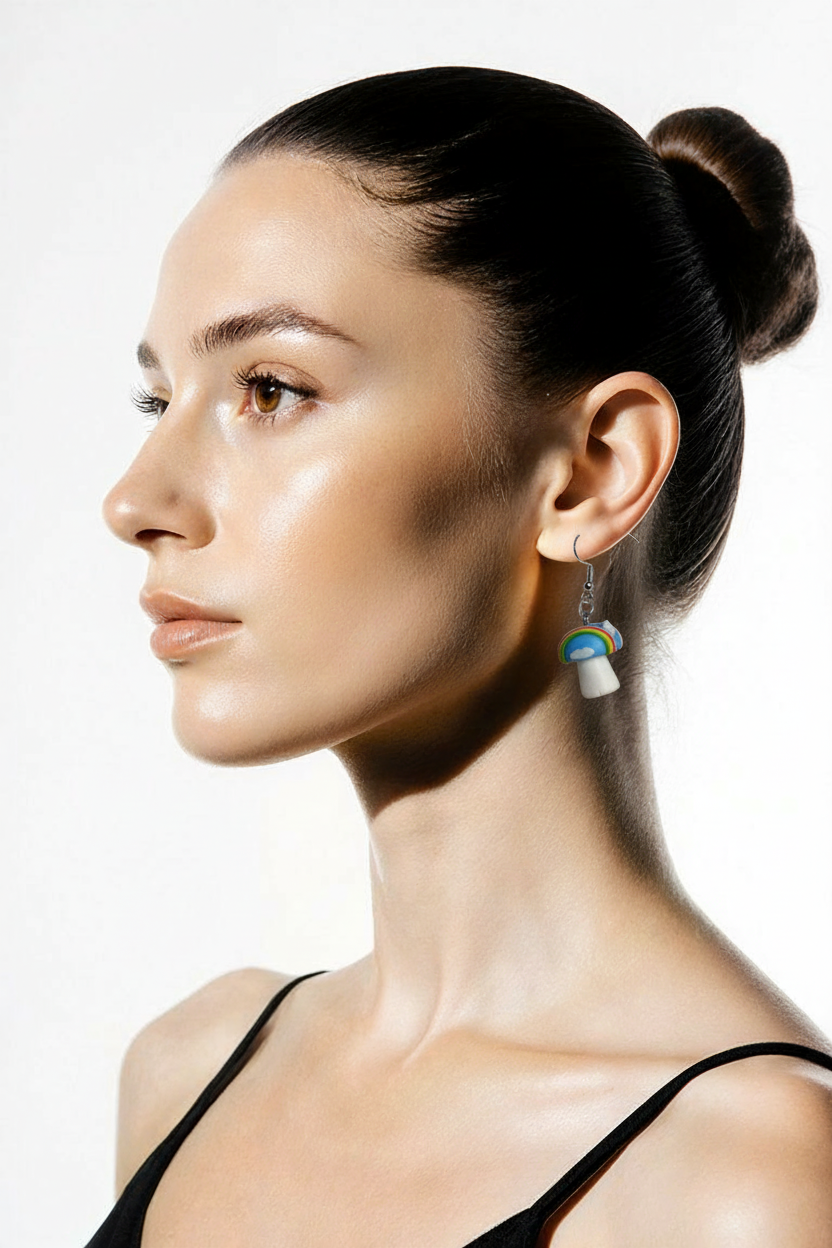 Rainbow Cloud Mushroom Earrings – Whimsical Clay Charm Dangles