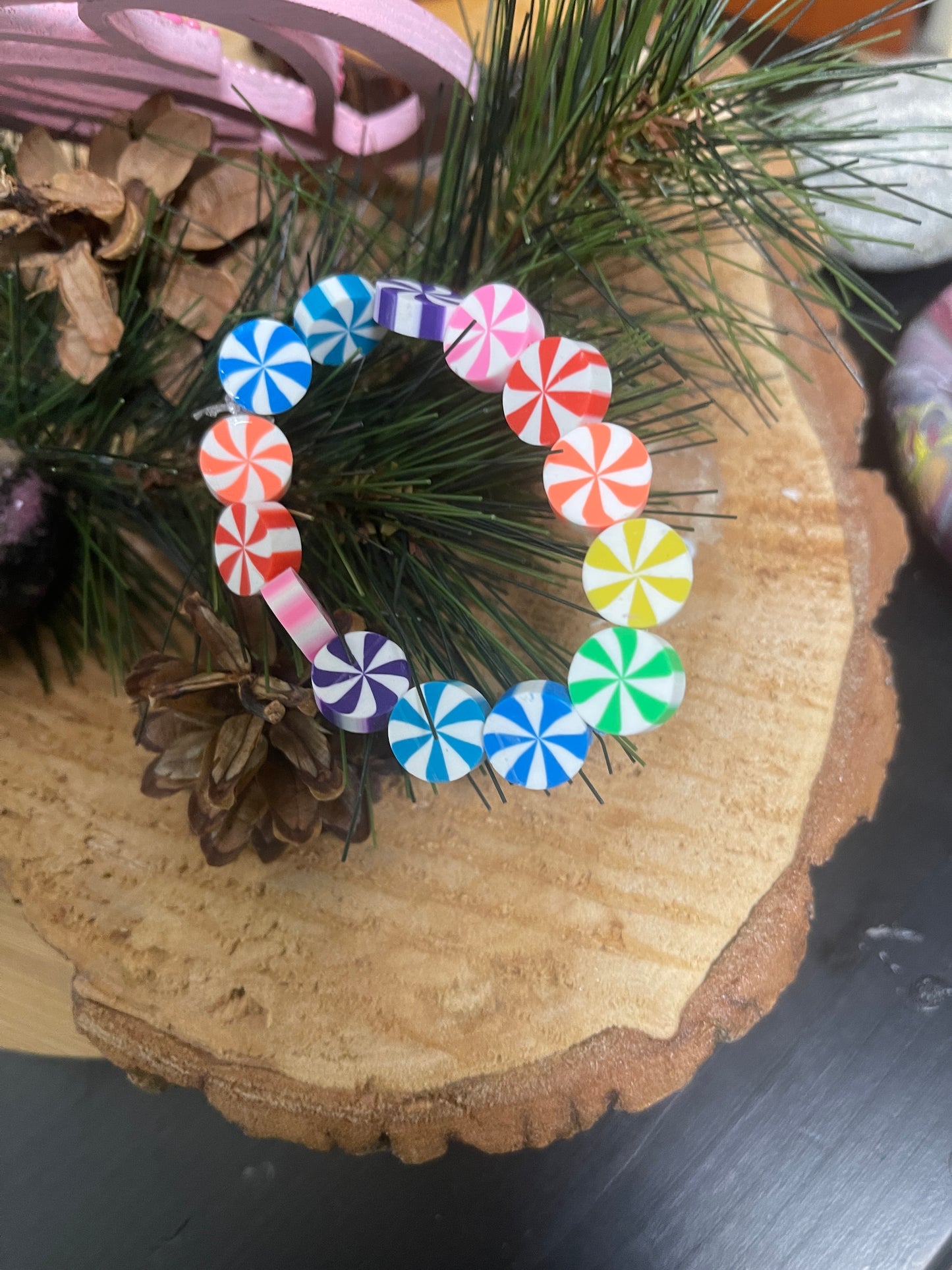 Rainbow Peppermint Clay Beaded Elastic/Stretch Bracelet