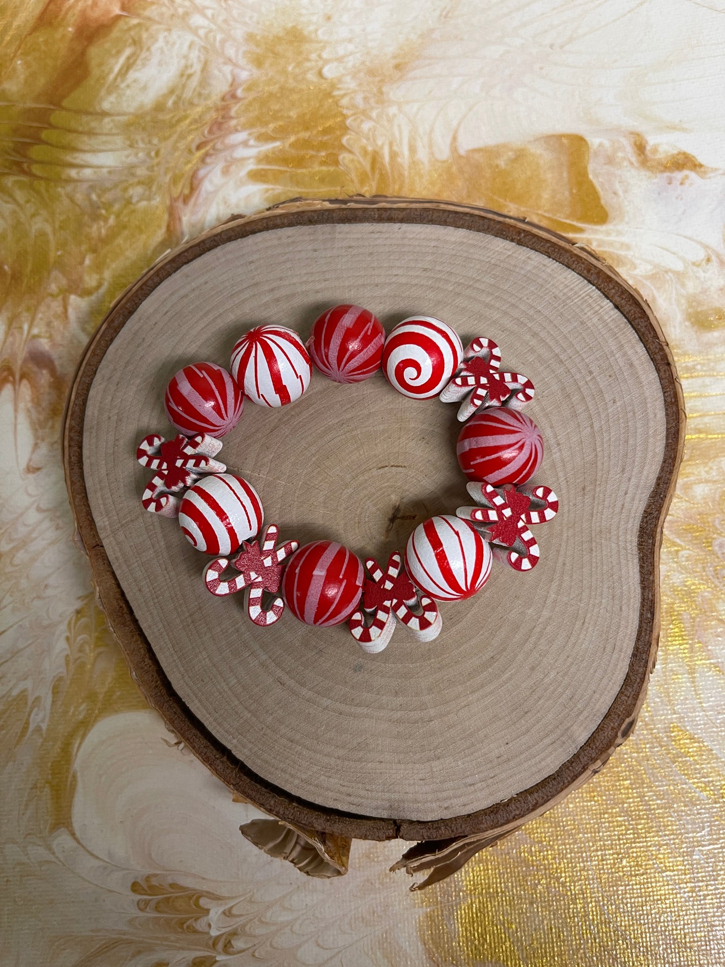 Christmas Bracelet-Candy Cane and Round Wooden Beaded Elastic/Stretch Bracelet