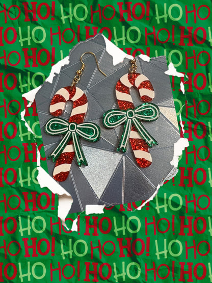 Candy Cane Bow Earrings – Red & Green Glitter Christmas Dangles