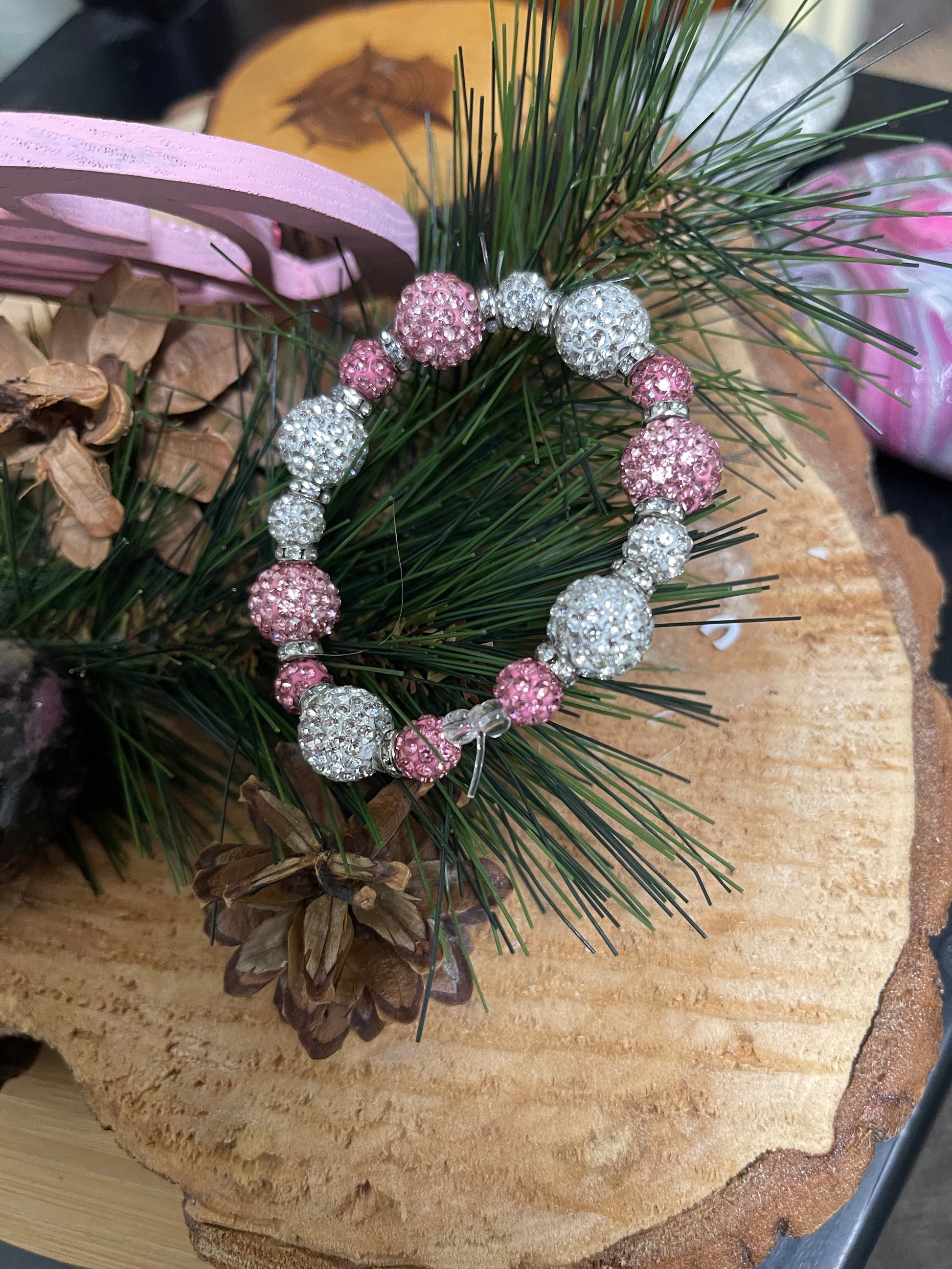Pink &amp; White Round Rhinestone Beaded  Elastic/Stretch BraceletPink tiful of LOVE
