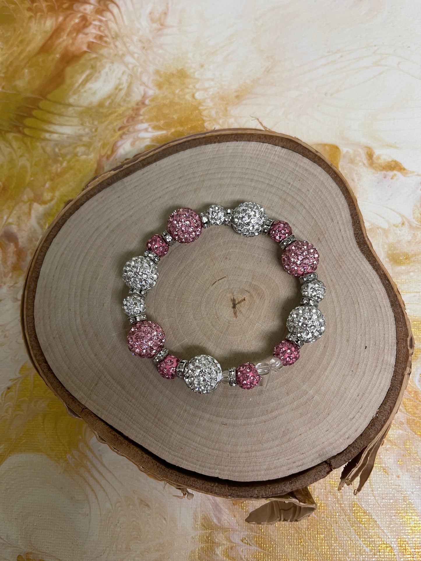 Pink & White Round Rhinestone Beaded  Elastic/Stretch Bracelet
