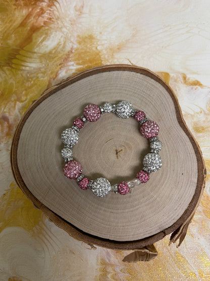 Pink & White Round Rhinestone Beaded  Elastic/Stretch Bracelet