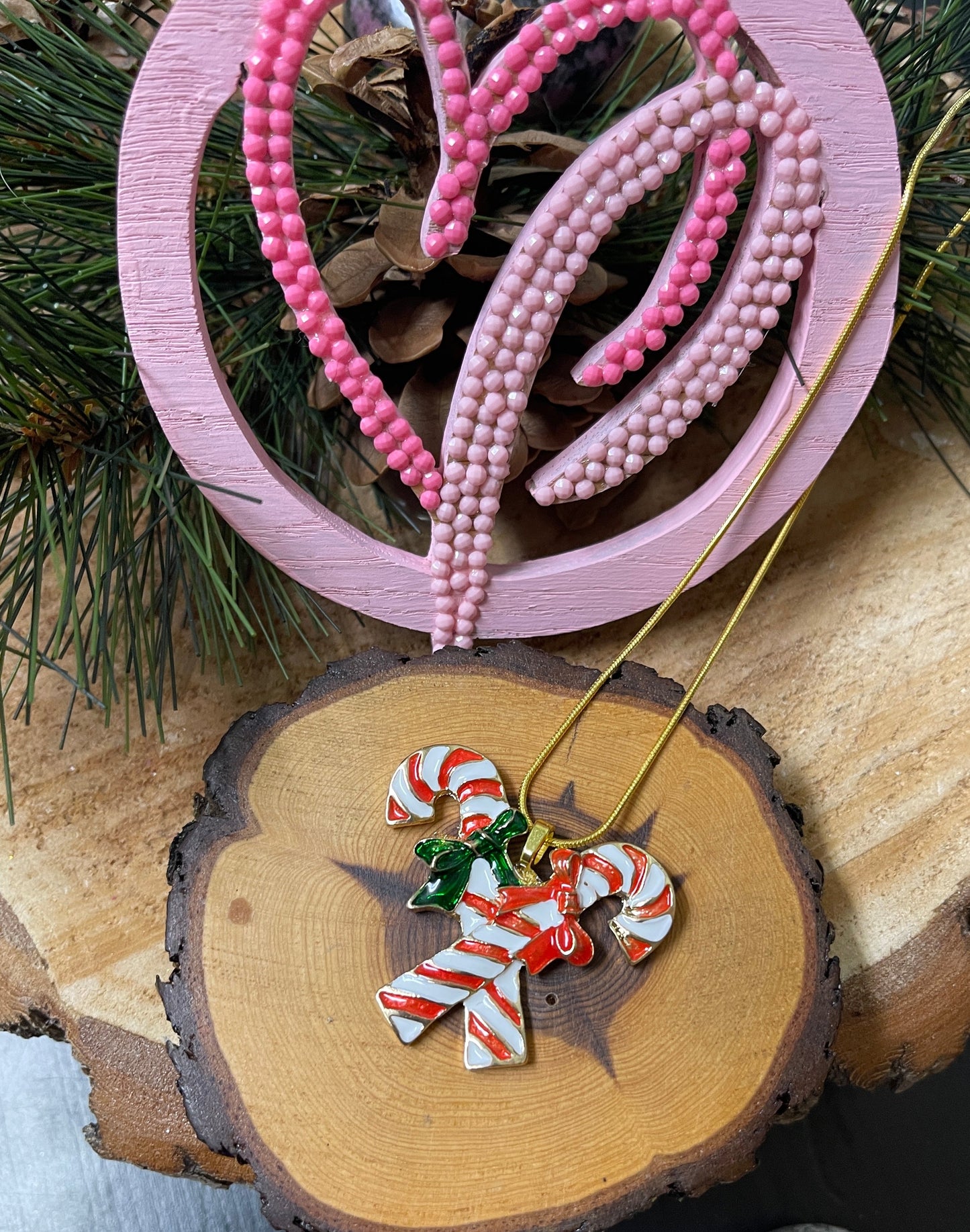 Christmas Candy Cane Pendant on a Gold Chain Necklace