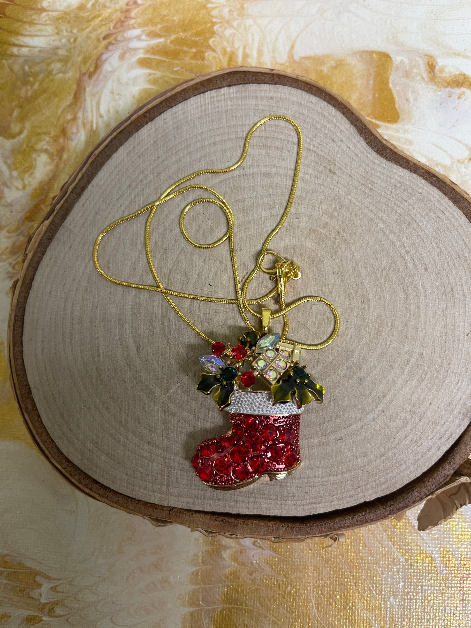 Christmas Santa's Boot Pendant on a Gold Chain NecklacePink tiful of LOVE