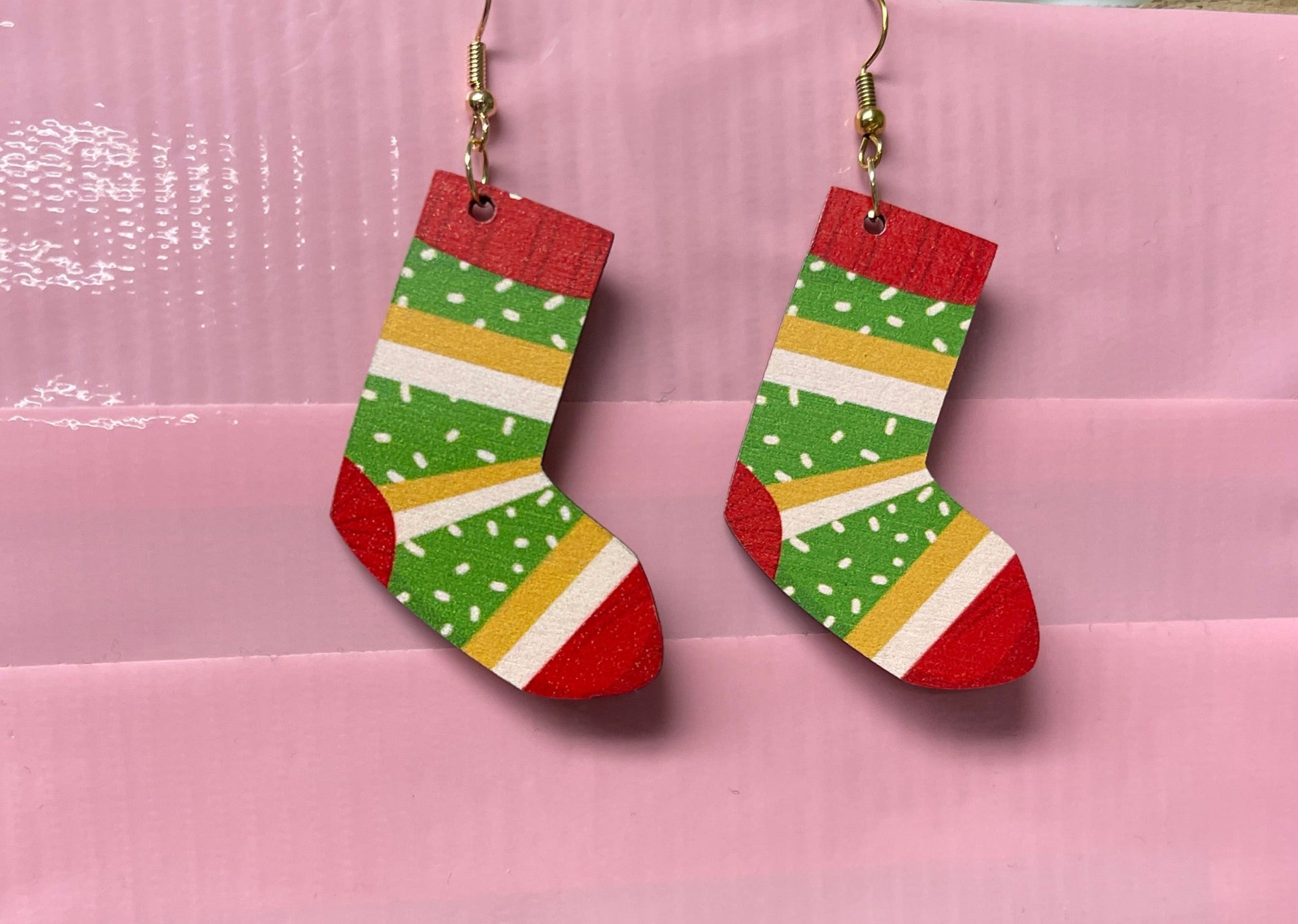 Wooden Ugly Christmas Stockings Wire EarringsPink tiful of LOVE
