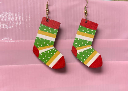 Wooden Ugly Christmas Stockings Wire Earrings