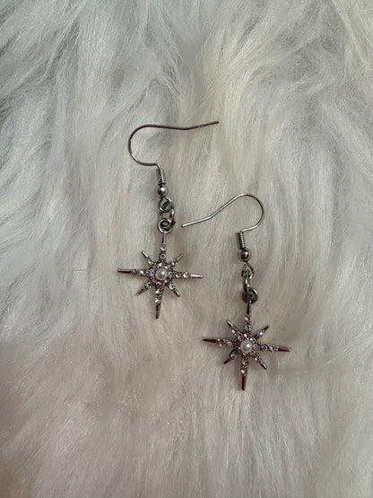Galaxy Starburst Rhinestone Earrings – Silver Tone Cosmic Dangle Charms
