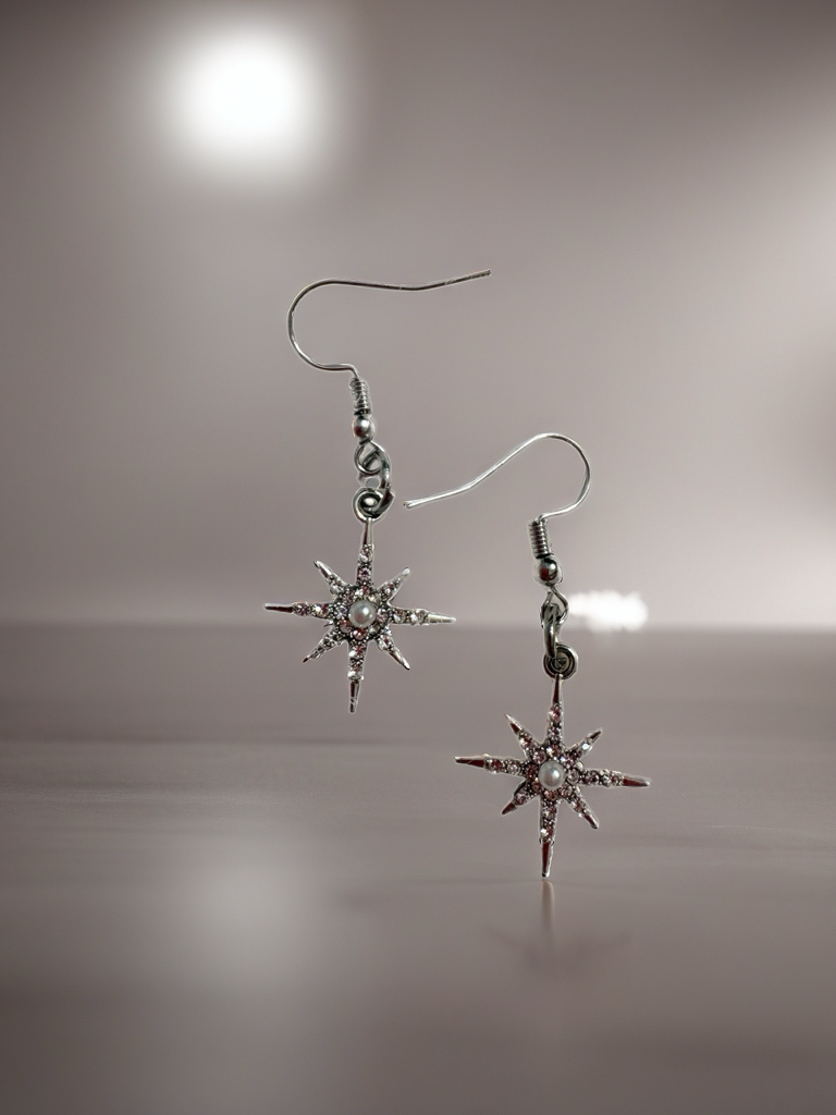 Galaxy Starburst Rhinestone Earrings – Silver Tone Cosmic Dangle Charms