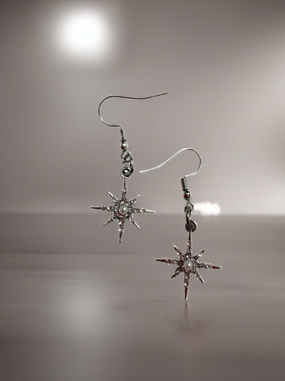 Galaxy Starburst Rhinestone Earrings – Silver Tone Cosmic Dangle Charms