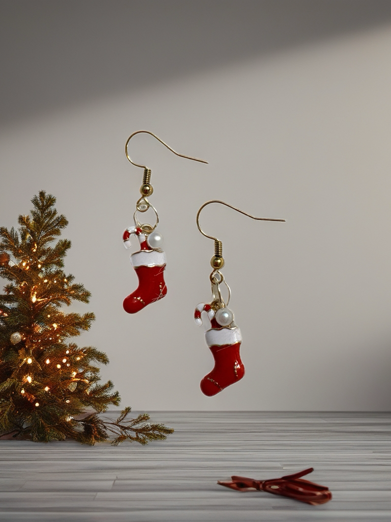 Christmas Stocking & Pearl Earrings – Gold Enamel Holiday Charm Dangles