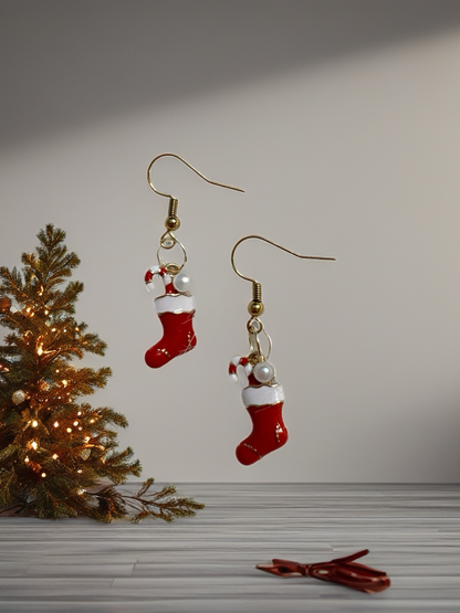 Christmas Stocking & Pearl Earrings – Gold Enamel Holiday Charm Dangles