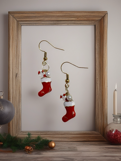 Christmas Stocking & Pearl Earrings – Gold Enamel Holiday Charm Dangles