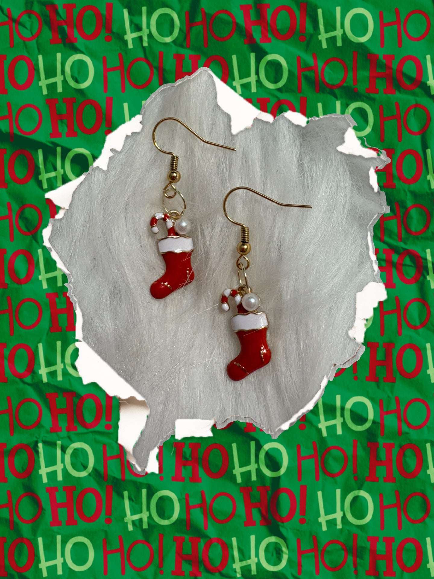 Christmas Stocking & Pearl Earrings – Gold Enamel Holiday Charm Dangles