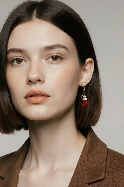 Christmas Stocking & Pearl Earrings – Gold Enamel Holiday Charm Dangles