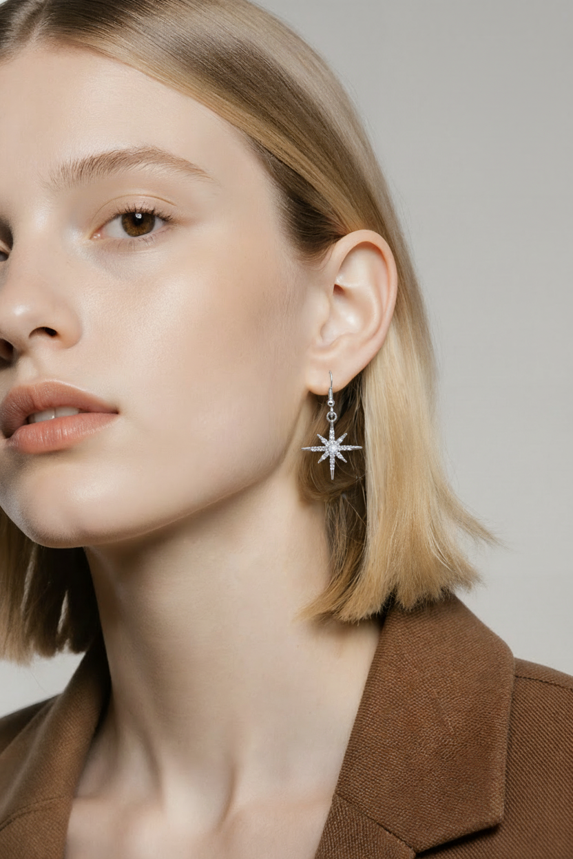 Galaxy Starburst Rhinestone Earrings – Silver Tone Cosmic Dangle Charms