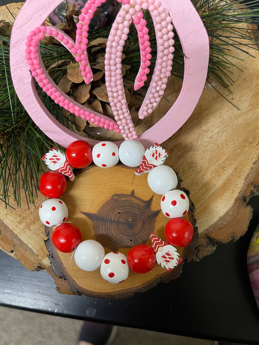Christmas Bracelet-Christmas Gnome and Round Wooden Beaded Elastic/Stretch BraceletPink tiful of LOVE